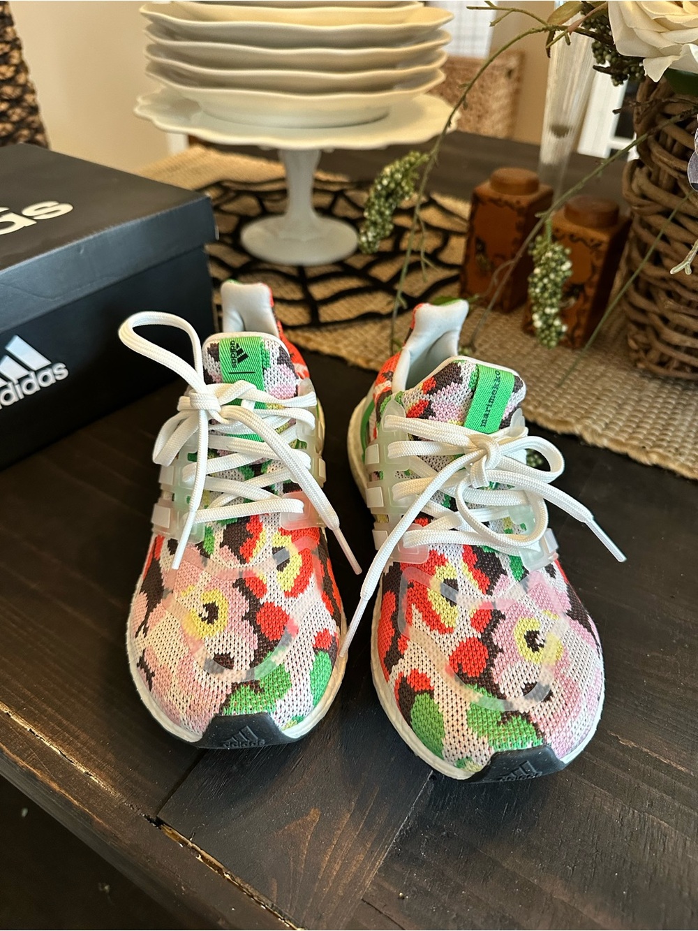 adidas Ultra Boost  Floral Mesh Sneakers - White with Green, Red, Pink Accents